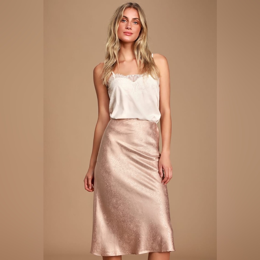 Lulu’s Flirty Forever Blush Pink Satin Midi Slip Skirt